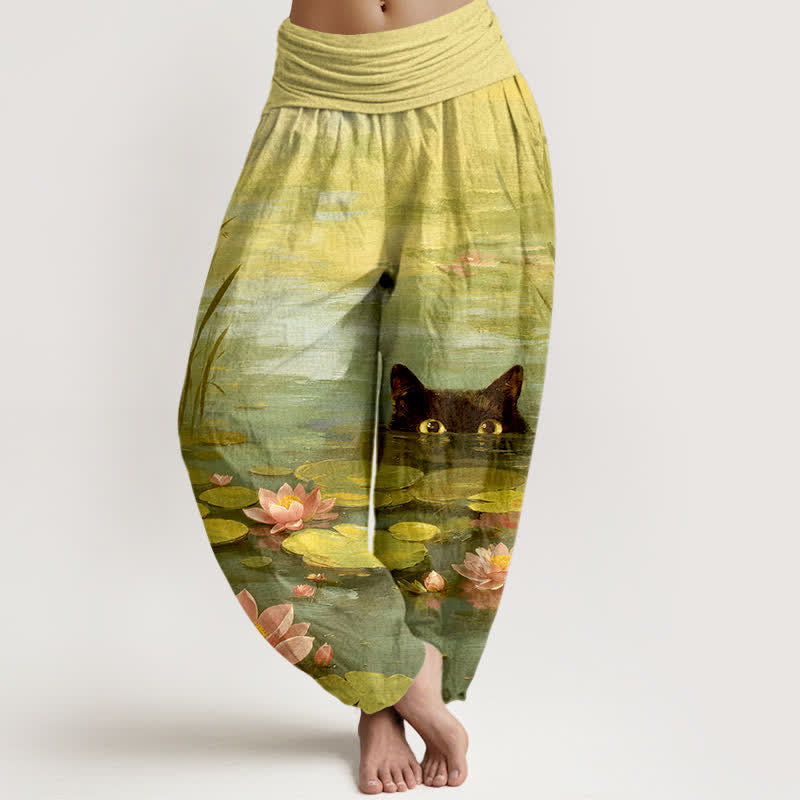 Buddha Stones Cotton Lotus Pond Cat Pattern Women's Elastic Waist Harem Pants - YellowGreen - US16,UK/AU20,EU48 (3XL) - image 8