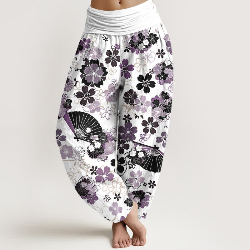 Buddha Stones Cotton Cherry Blossoms Floral Fan Pattern Women's Elastic Waist Harem Pants - Thistle - US16,UK/AU20,EU48 (3XL) - image 0