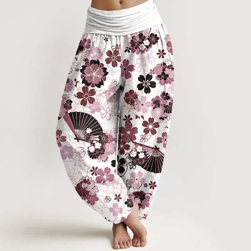 Buddha Stones Cotton Cherry Blossoms Floral Fan Pattern Women's Elastic Waist Harem Pants - RosyBrown - US16,UK/AU20,EU48 (3XL) - image 5