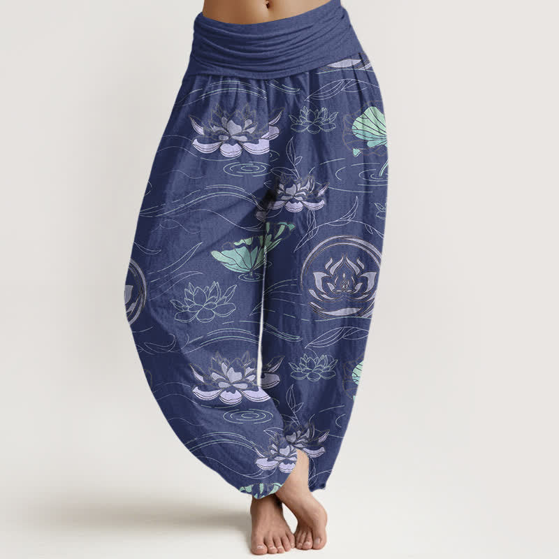 Buddha Stones Cotton Lotus Ripple Pattern Women's Elastic Waist Harem Pants - Navy - US16,UK/AU20,EU48 (3XL) - image 0