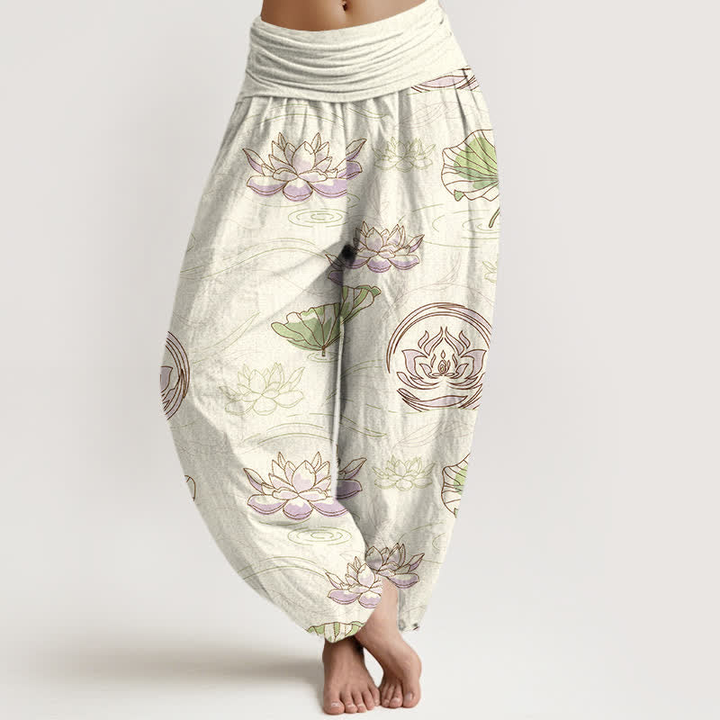 Buddha Stones Cotton Lotus Ripple Pattern Women's Elastic Waist Harem Pants - Ivory - US16,UK/AU20,EU48 (3XL) - image 5