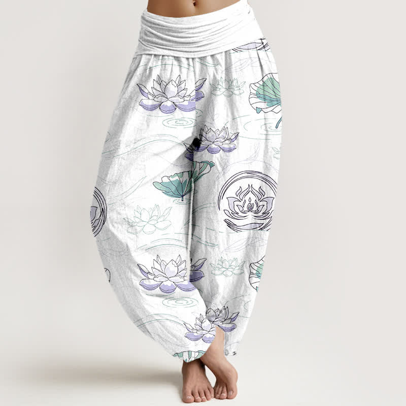 Buddha Stones Cotton Lotus Ripple Pattern Women's Elastic Waist Harem Pants - White - US16,UK/AU20,EU48 (3XL) - image 8