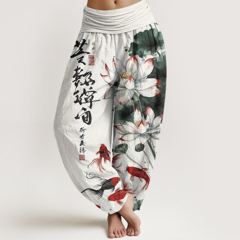 Buddha Stones Cotton Lotus Red Koi Fish Ink Calligraphy Pattern Women's Elastic Waist Harem Pants - FloralWhite - US16,UK/AU20,EU48 (3XL) - image 0