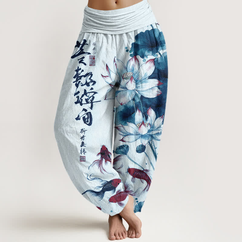 Buddha Stones Cotton Lotus Red Koi Fish Ink Calligraphy Pattern Women's Elastic Waist Harem Pants - PowderBlue - US16,UK/AU20,EU48 (3XL) - image 5