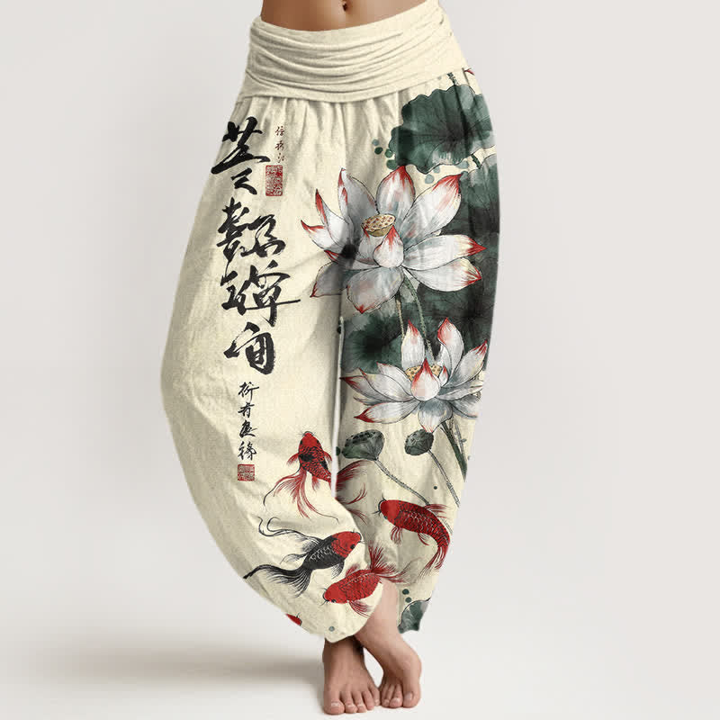 Buddha Stones Cotton Lotus Red Koi Fish Ink Calligraphy Pattern Women's Elastic Waist Harem Pants - Cornsilk - US16,UK/AU20,EU48 (3XL) - image 8