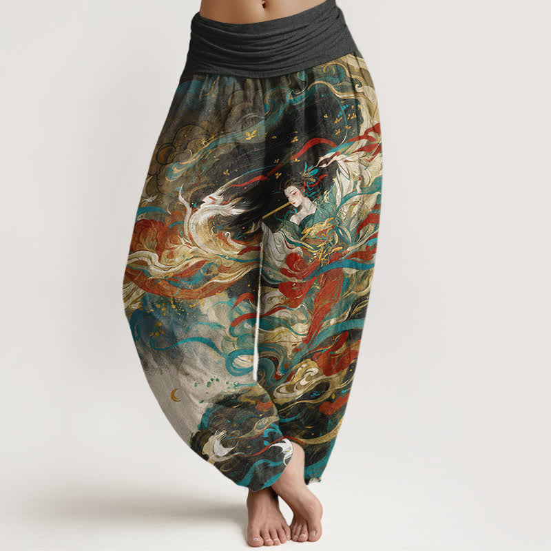 Buddha Stones Cotton Dunhuang Oriental Figure Cloud Pattern Women's Elastic Waist Harem Pants - Black - US16,UK/AU20,EU48 (3XL) - image 0