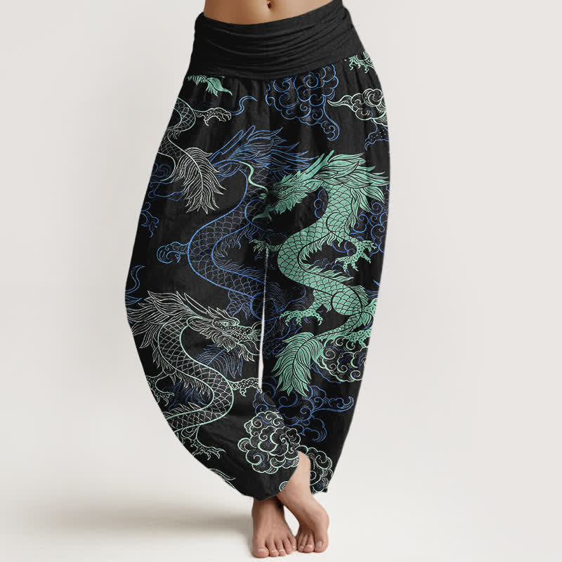 Buddha Stones Cotton Azure Dragon Pattern Women's Elastic Waist Harem Pants - Black - US16,UK/AU20,EU48 (3XL) - image 0