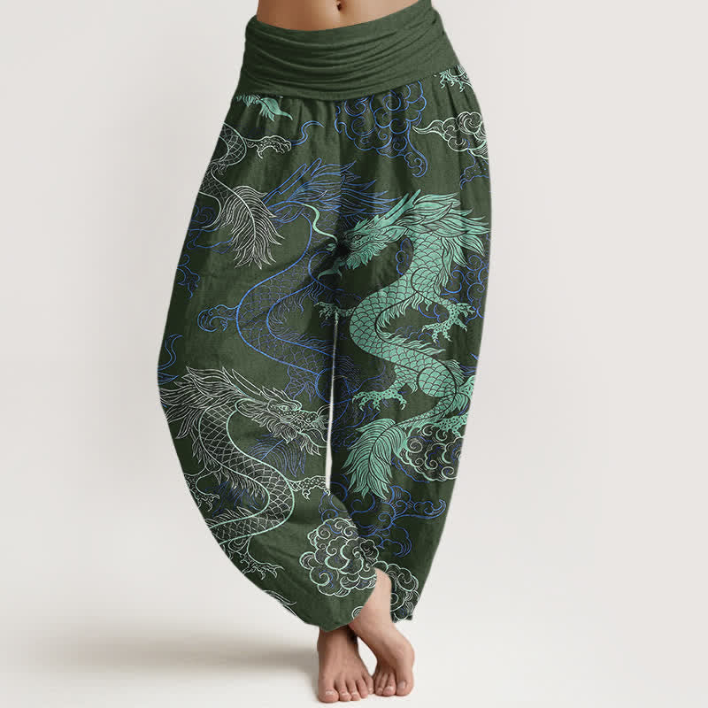 Buddha Stones Cotton Azure Dragon Pattern Women's Elastic Waist Harem Pants - DarkOliveGreen - US16,UK/AU20,EU48 (3XL) - image 5