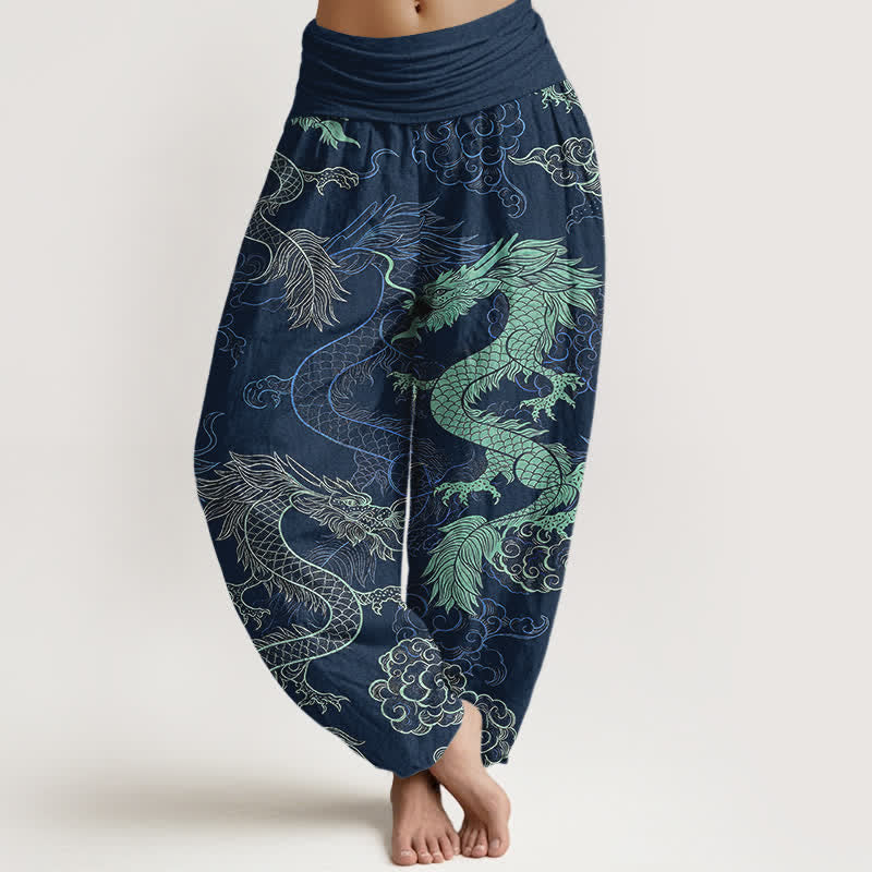 Buddha Stones Cotton Azure Dragon Pattern Women's Elastic Waist Harem Pants - Navy - US16,UK/AU20,EU48 (3XL) - image 8