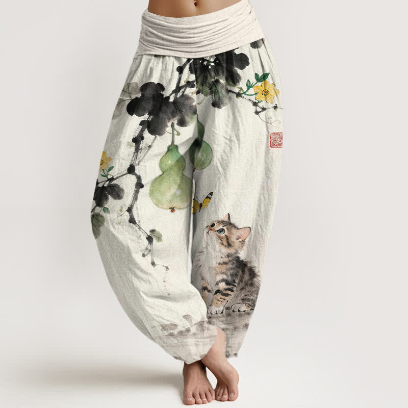 Buddha Stones Cotton Ink Cat Gourd Pattern Women's Elastic Waist Harem Pants - Ivory - US16,UK/AU20,EU48 (3XL) - image 0