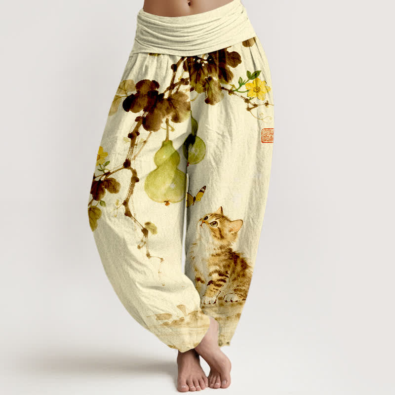 Buddha Stones Cotton Ink Cat Gourd Pattern Women's Elastic Waist Harem Pants - Cornsilk - US16,UK/AU20,EU48 (3XL) - image 8