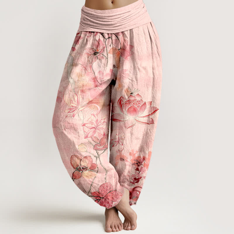 Buddha Stones Cotton Lotus Bloom Dragonfly Pattern Women's Elastic Waist Harem Pants - LightPink - US16,UK/AU20,EU48 (3XL) - image 0