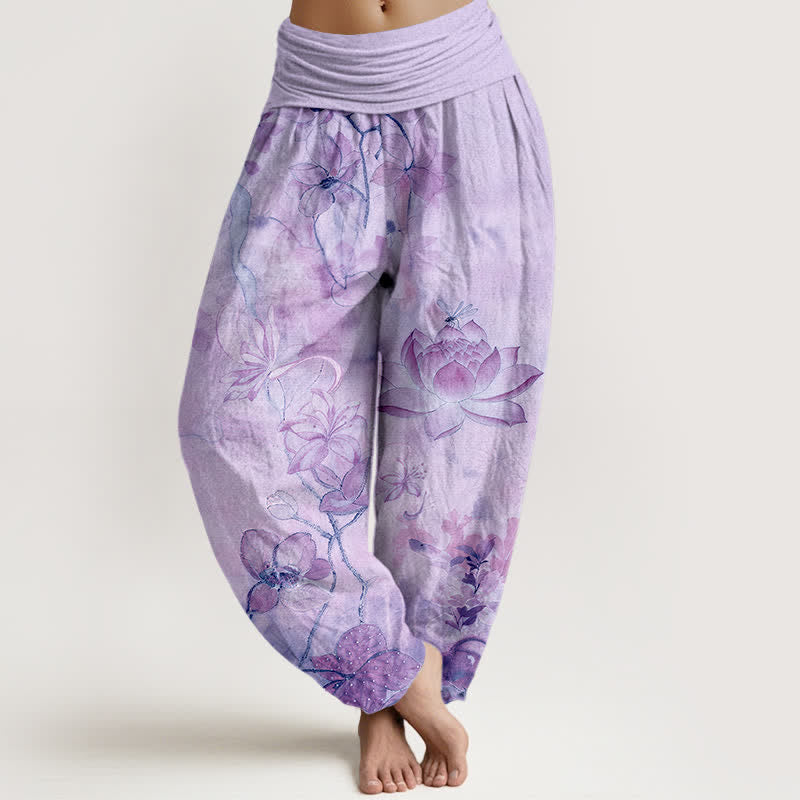 Buddha Stones Cotton Lotus Bloom Dragonfly Pattern Women's Elastic Waist Harem Pants - Lavender - US16,UK/AU20,EU48 (3XL) - image 5