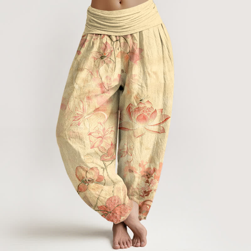 Buddha Stones Cotton Lotus Bloom Dragonfly Pattern Women's Elastic Waist Harem Pants - LemonChiffon - US16,UK/AU20,EU48 (3XL) - image 8