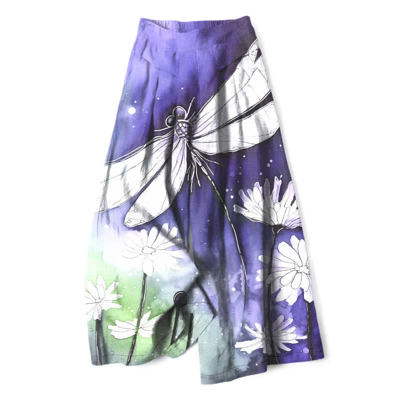 Buddha Stones Cotton Linen Dragonfly Daisy Pattern Women's Elastic Waist Wide Leg Pants With Pockets - MediumPurple - US16,UK/AU20,EU48 (3XL) - image 4