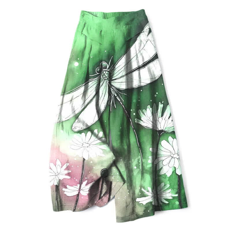 Buddha Stones Cotton Linen Dragonfly Daisy Pattern Women's Elastic Waist Wide Leg Pants With Pockets - MediumSeaGreen - US16,UK/AU20,EU48 (3XL) - image 6