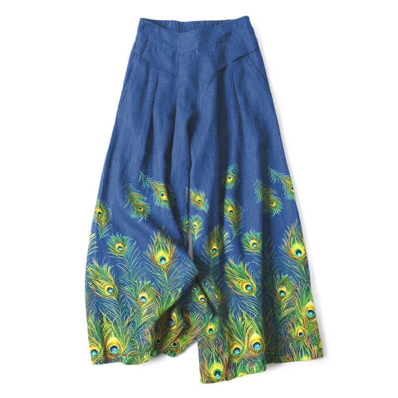 Buddha Stones Cotton Linen Peacock Feather Pattern Women's Elastic Waist Wide Leg Pants With Pockets - RoyalBlue - US16,UK/AU20,EU48 (3XL) - image 0