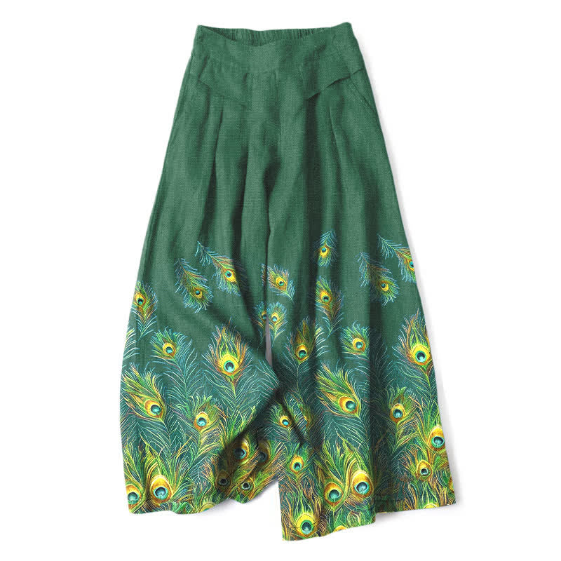 Buddha Stones Cotton Linen Peacock Feather Pattern Women's Elastic Waist Wide Leg Pants With Pockets - ForestGreen - US16,UK/AU20,EU48 (3XL) - image 4