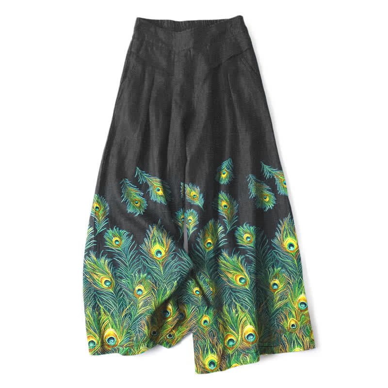 Buddha Stones Cotton Linen Peacock Feather Pattern Women's Elastic Waist Wide Leg Pants With Pockets - Black - US16,UK/AU20,EU48 (3XL) - image 6