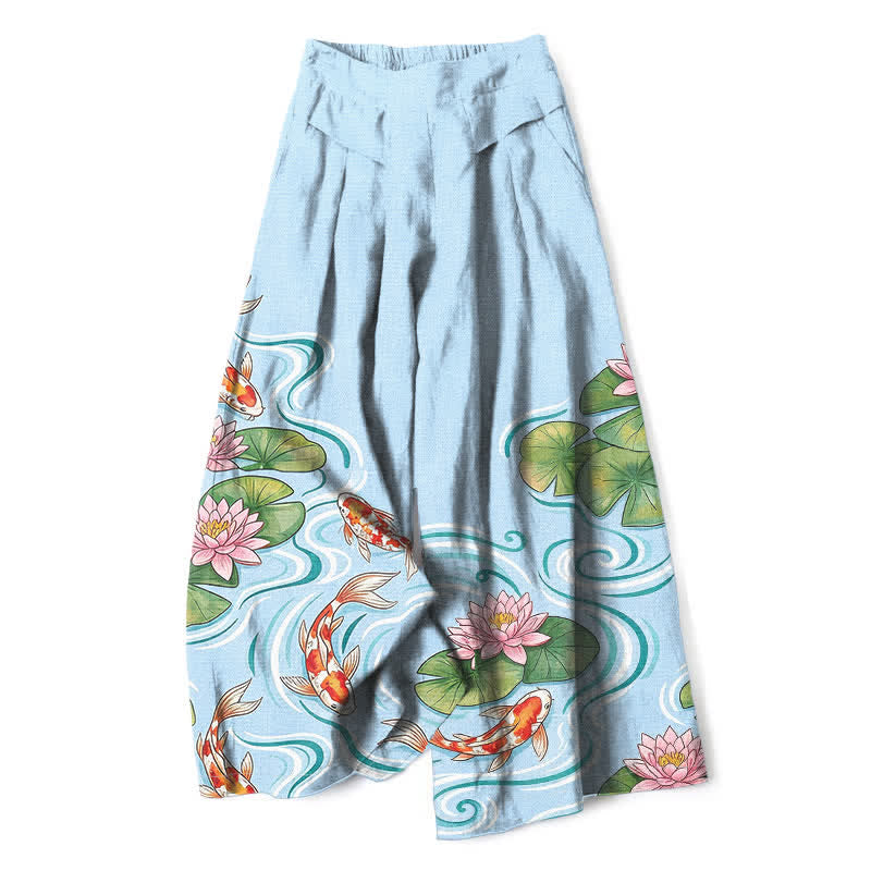 Buddha Stones Cotton Linen Koi Fish Pink Lotus Pond Pattern Women's Elastic Waist Wide Leg Pants With Pockets - LightBlue - US16,UK/AU20,EU48 (3XL) - image 0