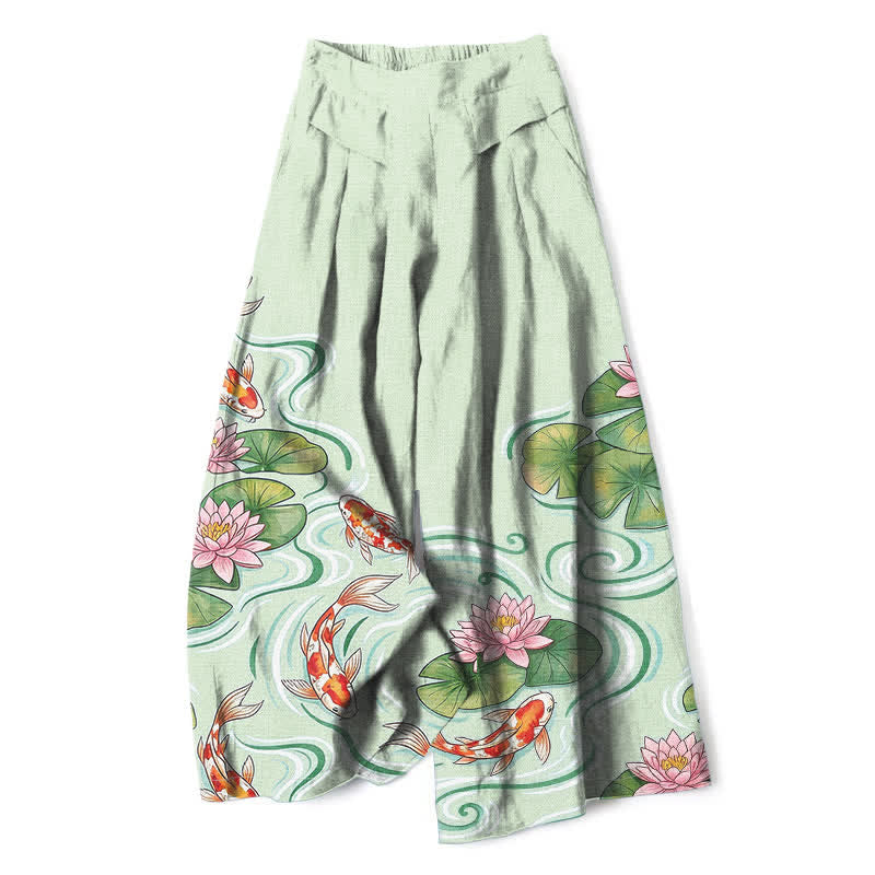 Buddha Stones Cotton Linen Koi Fish Pink Lotus Pond Pattern Women's Elastic Waist Wide Leg Pants With Pockets - MintCream - US16,UK/AU20,EU48 (3XL) - image 4