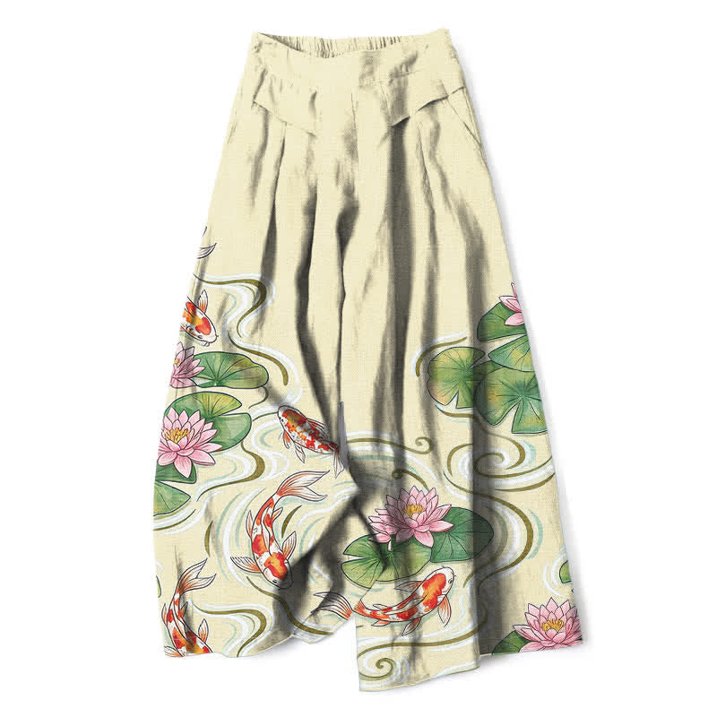 Buddha Stones Cotton Linen Koi Fish Pink Lotus Pond Pattern Women's Elastic Waist Wide Leg Pants With Pockets - Cornsilk - US16,UK/AU20,EU48 (3XL) - image 6