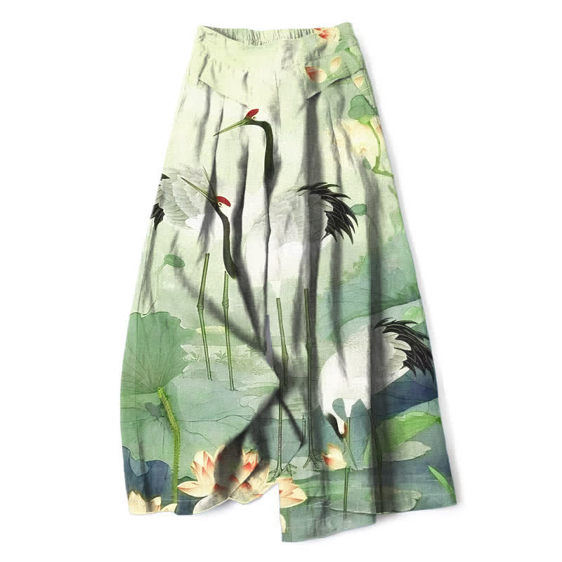 Buddha Stones Cotton Linen Crane Lotus Pattern Women's Elastic Waist Wide Leg Pants With Pockets - PaleGreen - US16,UK/AU20,EU48 (3XL) - image 4