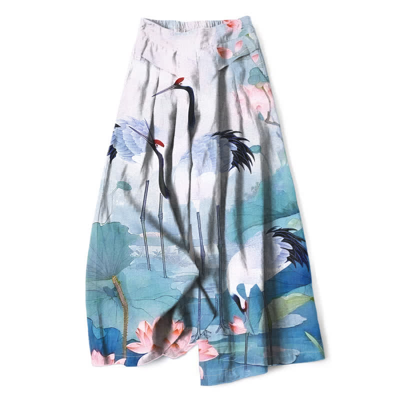 Buddha Stones Cotton Linen Crane Lotus Pattern Women's Elastic Waist Wide Leg Pants With Pockets - LightCyan - US16,UK/AU20,EU48 (3XL) - image 6