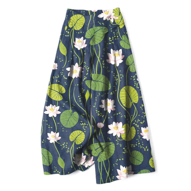 Buddha Stones Cotton Linen Lotus Green Leaf Pattern Women's Elastic Waist Wide Leg Pants With Pockets - Navy - US16,UK/AU20,EU48 (3XL) - image 0