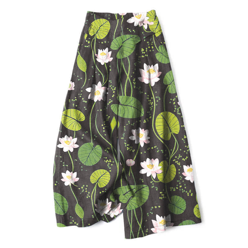 Buddha Stones Cotton Linen Lotus Green Leaf Pattern Women's Elastic Waist Wide Leg Pants With Pockets - Black - US16,UK/AU20,EU48 (3XL) - image 4