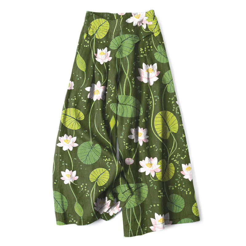 Buddha Stones Cotton Linen Lotus Green Leaf Pattern Women's Elastic Waist Wide Leg Pants With Pockets - OliveDrab - US16,UK/AU20,EU48 (3XL) - image 6