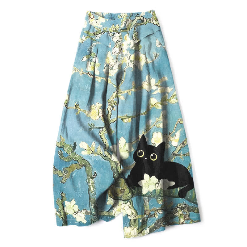 Buddha Stones Cotton Linen Blue Floral Cat Pattern Women's Elastic Waist Wide Leg Pants With Pockets - PaleTurquoise - US16,UK/AU20,EU48 (3XL) - image 0