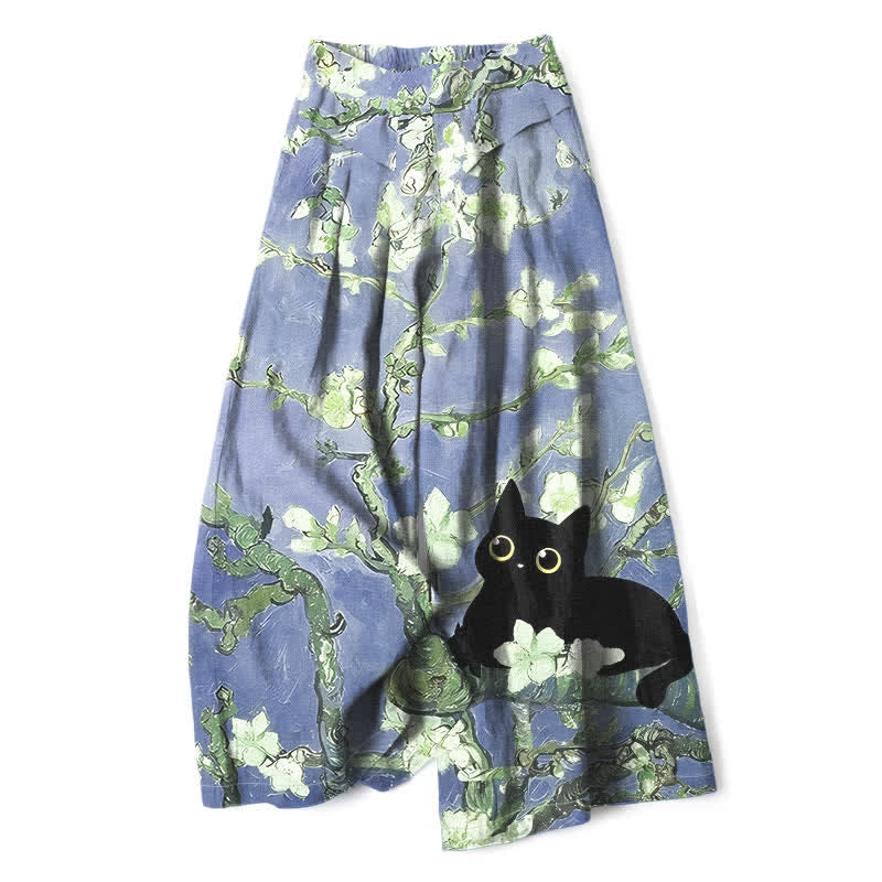 Buddha Stones Cotton Linen Blue Floral Cat Pattern Women's Elastic Waist Wide Leg Pants With Pockets - MediumSlateBlue - US16,UK/AU20,EU48 (3XL) - image 4