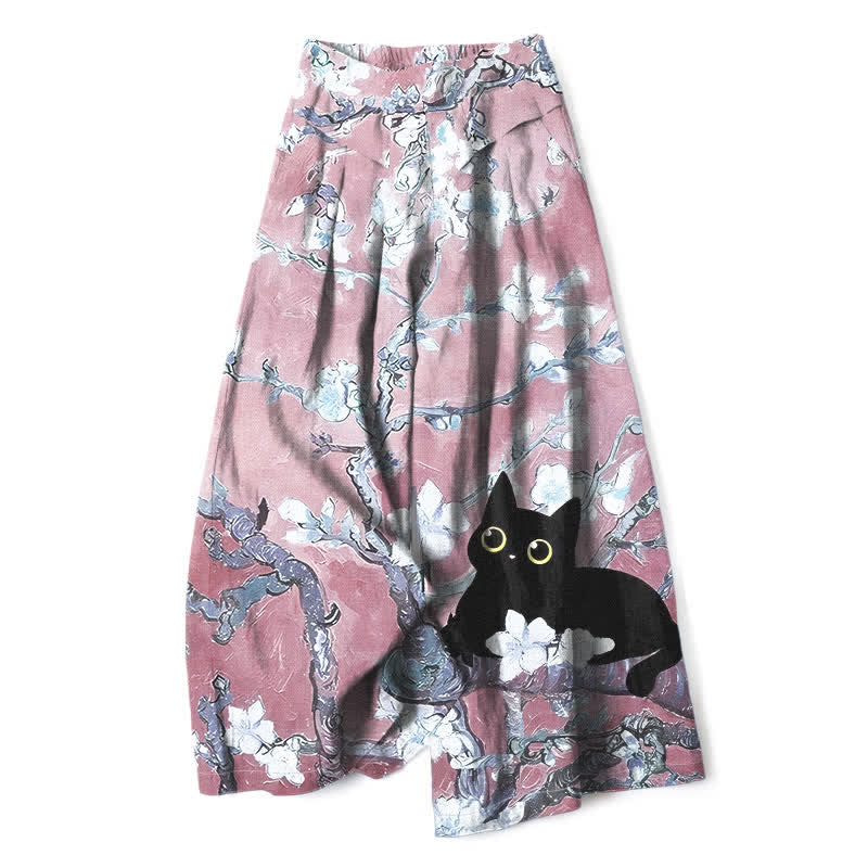 Buddha Stones Cotton Linen Blue Floral Cat Pattern Women's Elastic Waist Wide Leg Pants With Pockets - LightPink - US16,UK/AU20,EU48 (3XL) - image 6