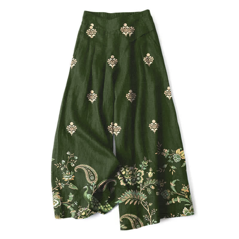 Buddha Stones Cotton Linen Bohemian Floral Paisley Pattern Women's Elastic Waist Wide Leg Pants With Pockets - DarkOliveGreen - US16,UK/AU20,EU48 (3XL) - image 0