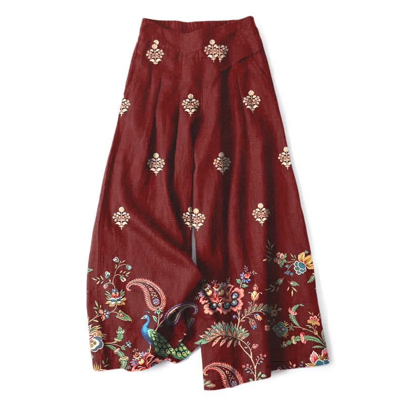 Buddha Stones Cotton Linen Bohemian Floral Paisley Pattern Women's Elastic Waist Wide Leg Pants With Pockets - Maroon - US16,UK/AU20,EU48 (3XL) - image 4