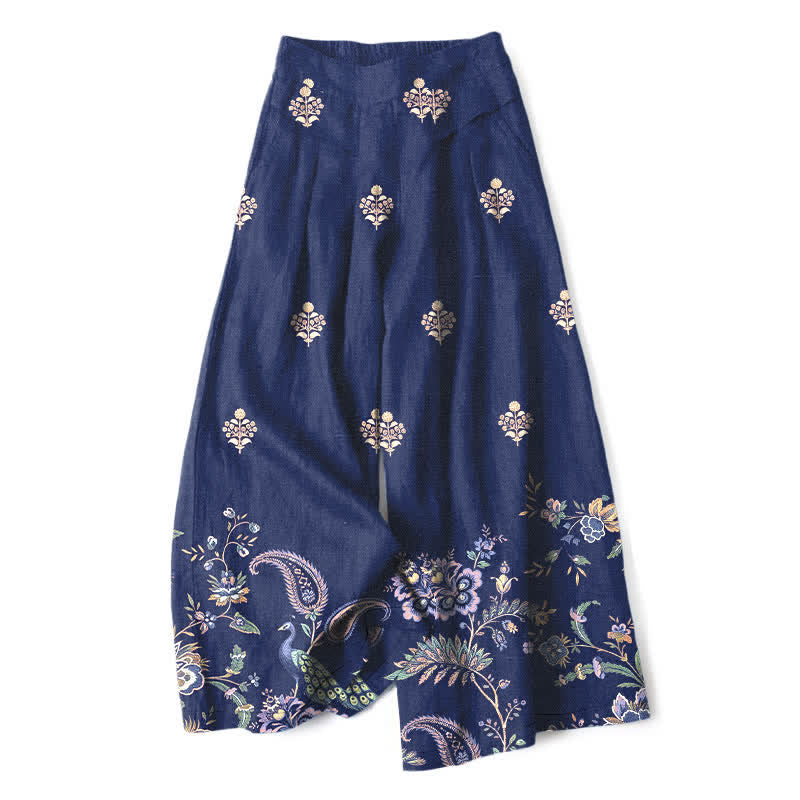 Buddha Stones Cotton Linen Bohemian Floral Paisley Pattern Women's Elastic Waist Wide Leg Pants With Pockets - Navy - US16,UK/AU20,EU48 (3XL) - image 6