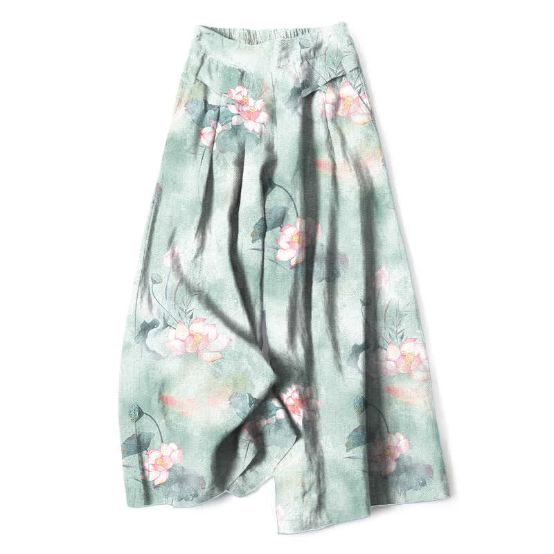 Buddha Stones Cotton Linen Watercolor Lotus Leaves Floral Pattern Women's Elastic Waist Wide Leg Pants With Pockets - Aquamarine - US16,UK/AU20,EU48 (3XL) - image 0