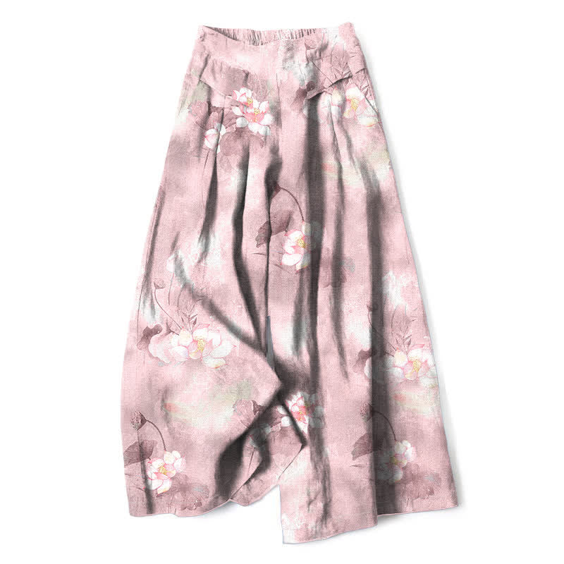 Buddha Stones Cotton Linen Watercolor Lotus Leaves Floral Pattern Women's Elastic Waist Wide Leg Pants With Pockets - LightPink - US16,UK/AU20,EU48 (3XL) - image 4