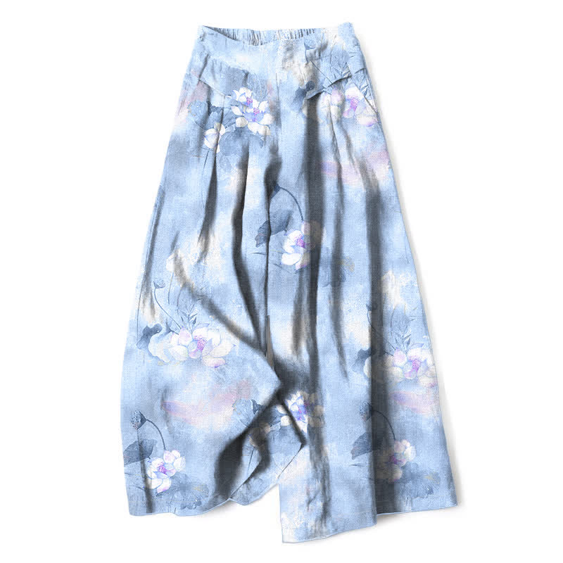 Buddha Stones Cotton Linen Watercolor Lotus Leaves Floral Pattern Women's Elastic Waist Wide Leg Pants With Pockets - LightBlue - US16,UK/AU20,EU48 (3XL) - image 6