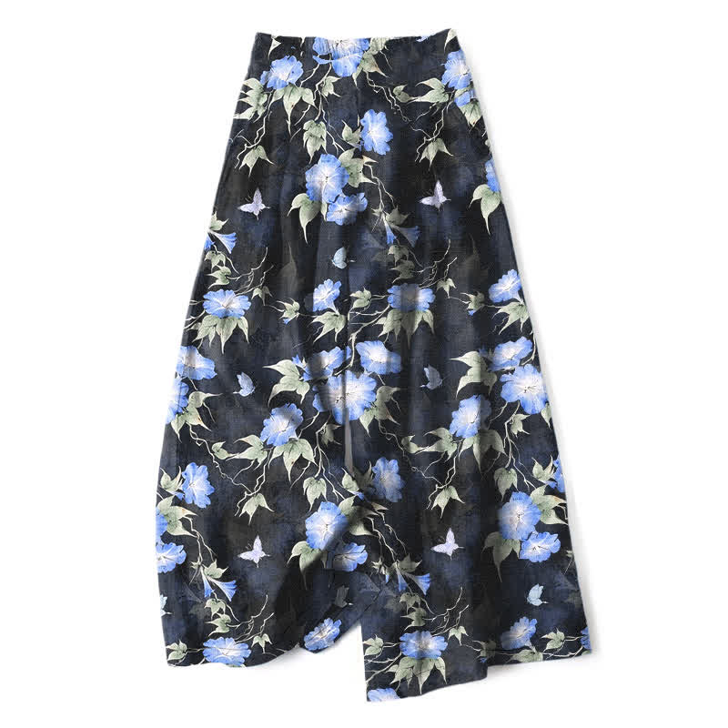 Buddha Stones Cotton Linen Blue Floral Leaves Pattern Women's Elastic Waist Wide Leg Pants With Pockets - CornflowerBlue - US16,UK/AU20,EU48 (3XL) - image 0