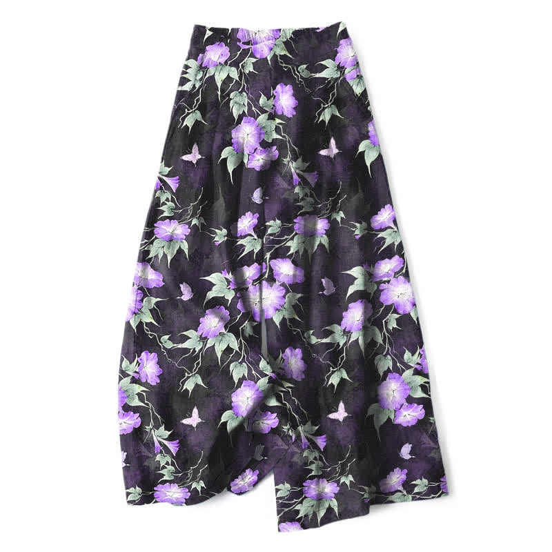 Buddha Stones Cotton Linen Blue Floral Leaves Pattern Women's Elastic Waist Wide Leg Pants With Pockets - MediumOrchid - US16,UK/AU20,EU48 (3XL) - image 4