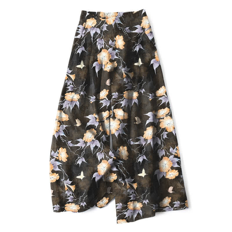 Buddha Stones Cotton Linen Blue Floral Leaves Pattern Women's Elastic Waist Wide Leg Pants With Pockets - Goldenrod - US16,UK/AU20,EU48 (3XL) - image 6