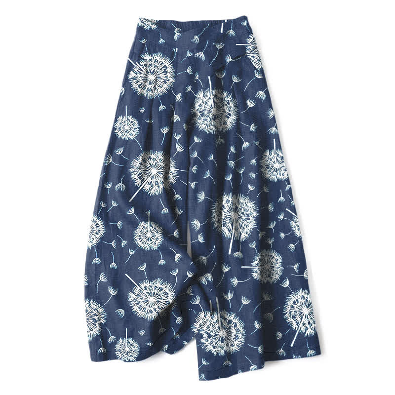 Buddha Stones Cotton Linen White Dandelion Pattern Women's Elastic Waist Wide Leg Pants With Pockets - Navy - US16,UK/AU20,EU48 (3XL) - image 0