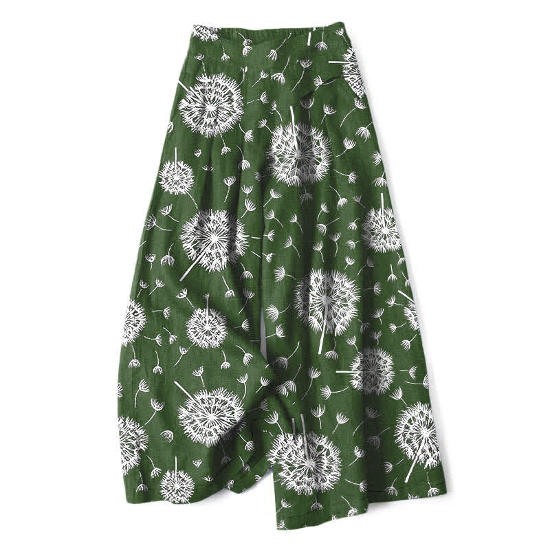 Buddha Stones Cotton Linen White Dandelion Pattern Women's Elastic Waist Wide Leg Pants With Pockets - ForestGreen - US16,UK/AU20,EU48 (3XL) - image 4
