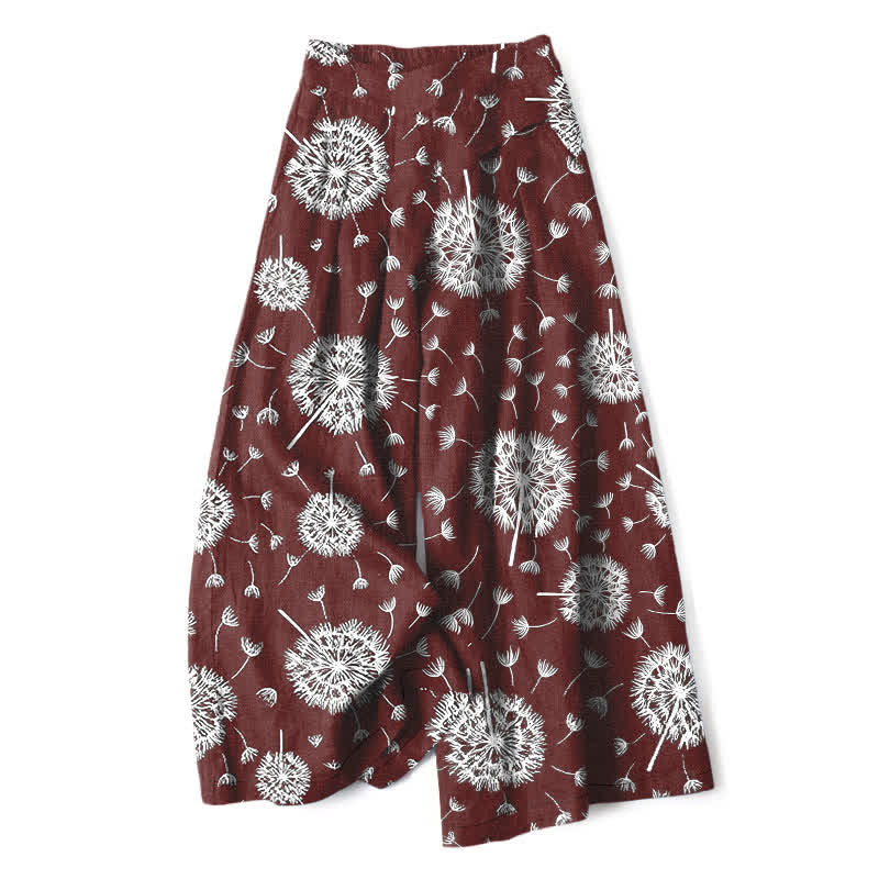 Buddha Stones Cotton Linen White Dandelion Pattern Women's Elastic Waist Wide Leg Pants With Pockets - Maroon - US16,UK/AU20,EU48 (3XL) - image 6