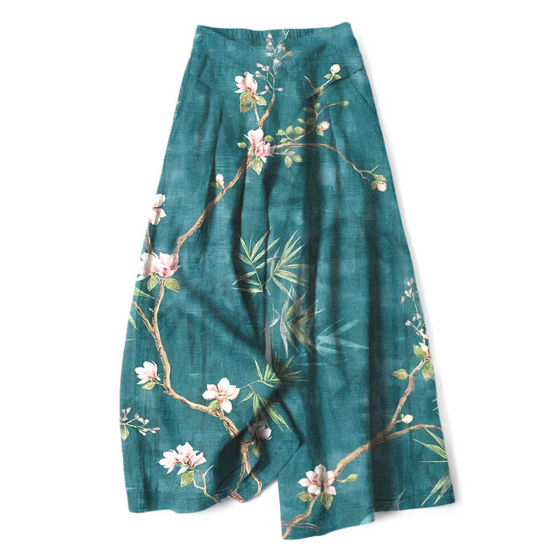 Buddha Stones Cotton Linen Oriental Light Pink Floral Pattern Women's Elastic Waist Wide Leg Pants With Pockets - Teal - US16,UK/AU20,EU48 (3XL) - image 0