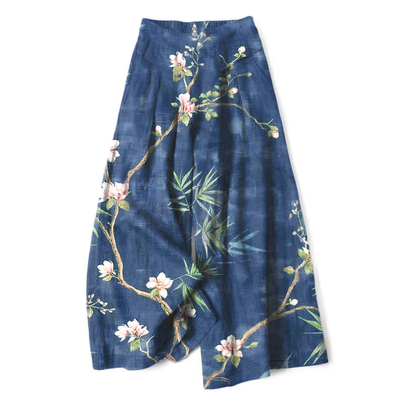 Buddha Stones Cotton Linen Oriental Light Pink Floral Pattern Women's Elastic Waist Wide Leg Pants With Pockets - Navy - US16,UK/AU20,EU48 (3XL) - image 4