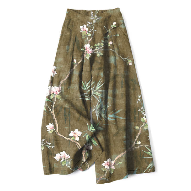 Buddha Stones Cotton Linen Oriental Light Pink Floral Pattern Women's Elastic Waist Wide Leg Pants With Pockets - Olive - US16,UK/AU20,EU48 (3XL) - image 6