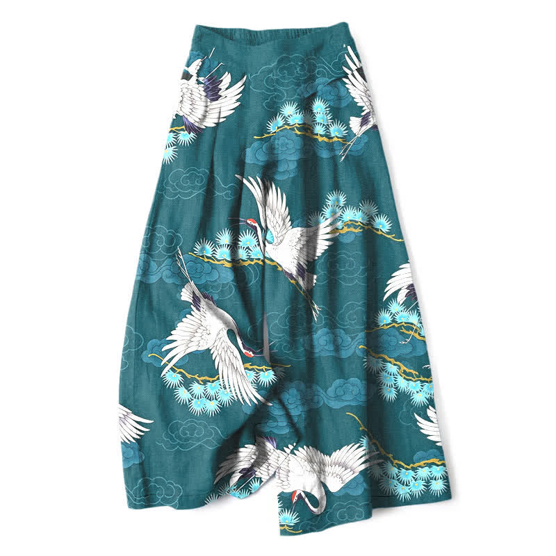 Buddha Stones Cotton Linen White Crane Auspicious Clouds Pine Pattern Women's Elastic Waist Wide Leg Pants With Pockets - Teal - US16,UK/AU20,EU48 (3XL) - image 4